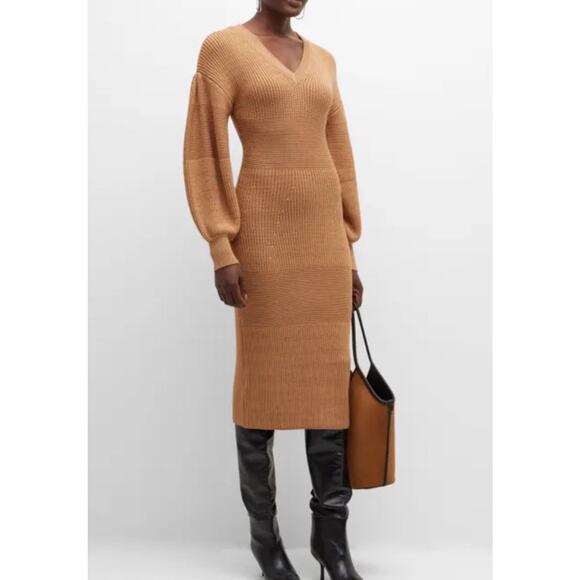 Staud Carnation Camel Tan Knit Stretchy Sweater Dress Puff Sleeve Womens Size M - Picture 1 of 10